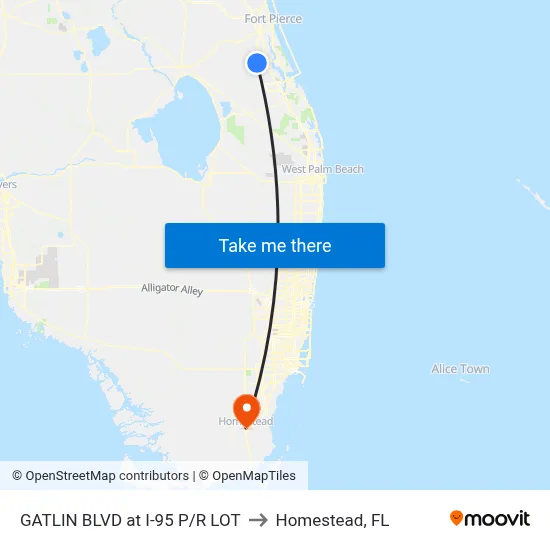 GATLIN BLVD at I-95 P/R LOT to Homestead, FL map