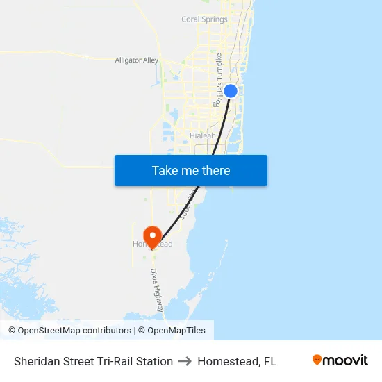 Sheridan Street Tri-Rail Station to Homestead, FL map