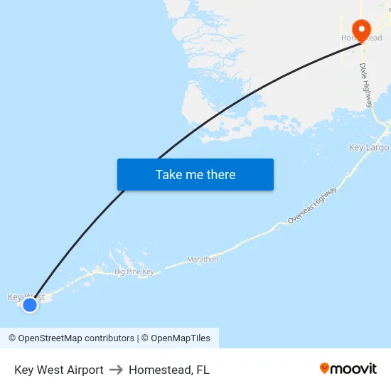 Key West Airport to Homestead, FL map