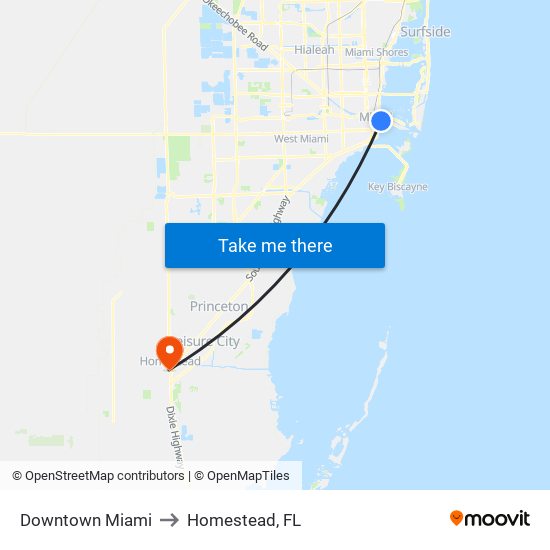 Downtown Miami to Homestead, FL map