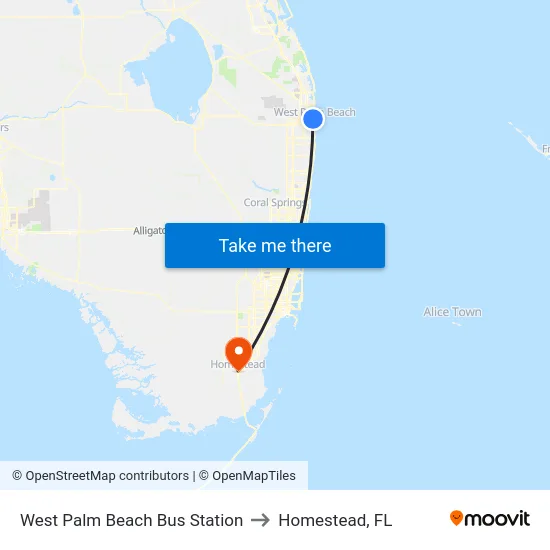 West Palm Beach Bus Station to Homestead, FL map