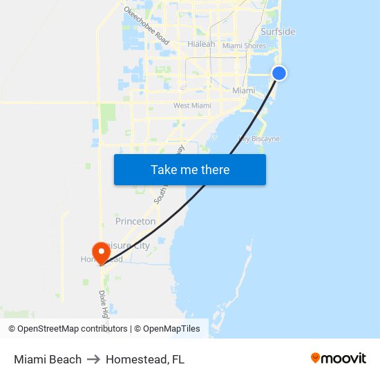 Miami Beach to Homestead, FL map