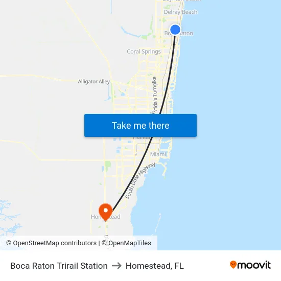 Boca Raton Trirail Station to Homestead, FL map