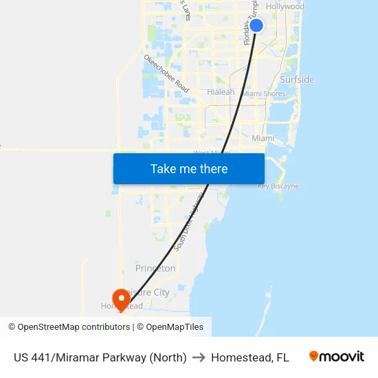 US 441/Miramar Parkway (North) to Homestead, FL map