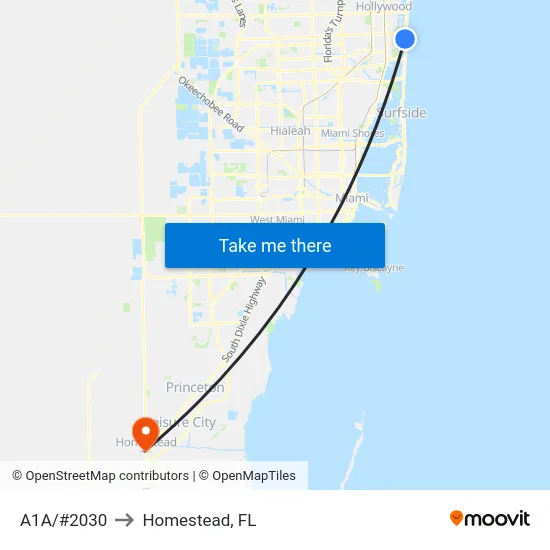 A1A/#2030 to Homestead, FL map