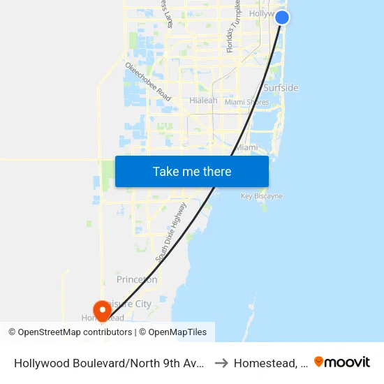 Hollywood Boulevard/North 9th Avenue to Homestead, FL map