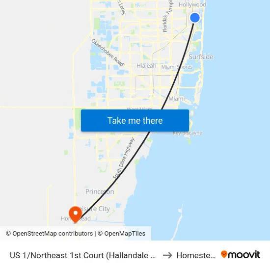 US 1/Northeast 1st Court (Hallandale Beach Boulevard) to Homestead, FL map