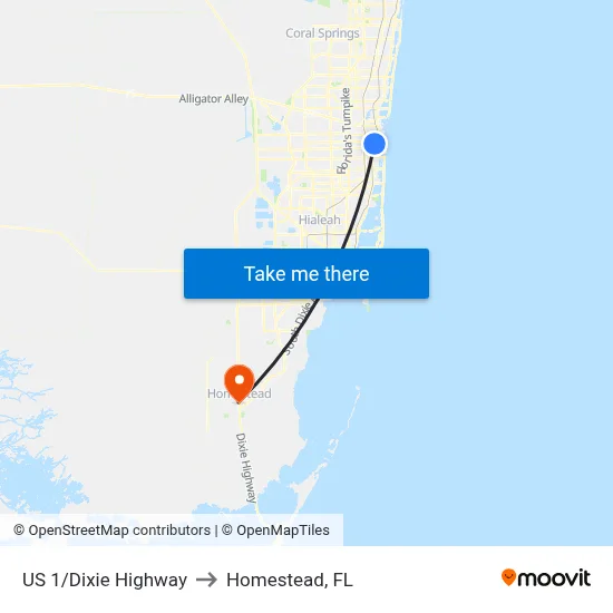 US 1/Dixie Highway to Homestead, FL map