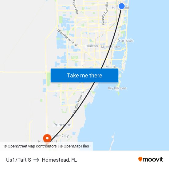 Us1/Taft S to Homestead, FL map