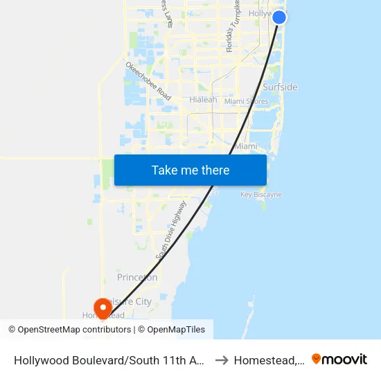 Hollywood Boulevard/South 11th Avenue to Homestead, FL map