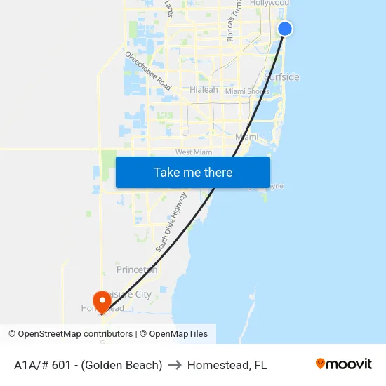 A1A/# 601 - (Golden Beach) to Homestead, FL map