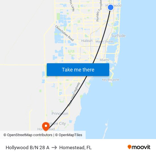 Hollywood B/N 28 A to Homestead, FL map