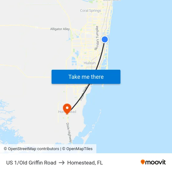 US 1/Old Griffin Road to Homestead, FL map