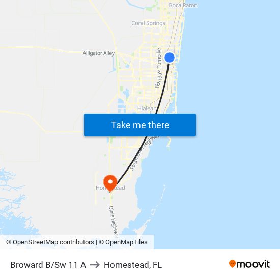 Broward B/Sw 11 A to Homestead, FL map