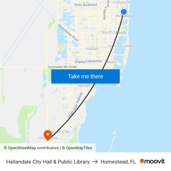Hallandale City Hall & Public Library to Homestead, FL map