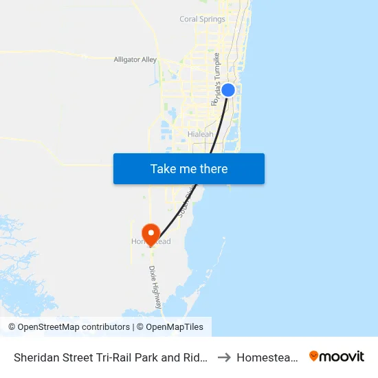 Sheridan Street Tri-Rail Park and Ride Station to Homestead, FL map
