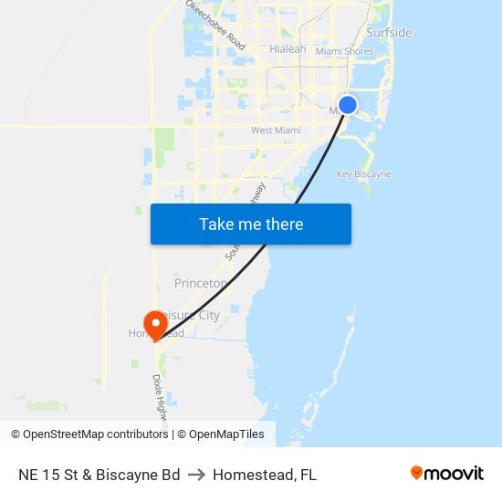 NE 15 St & Biscayne Bd to Homestead, FL map