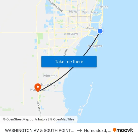 Washington Av & South Pointe Dr to Homestead, FL map