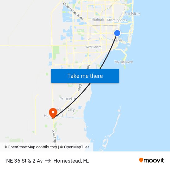 NE 36 St & 2 Av to Homestead, FL map