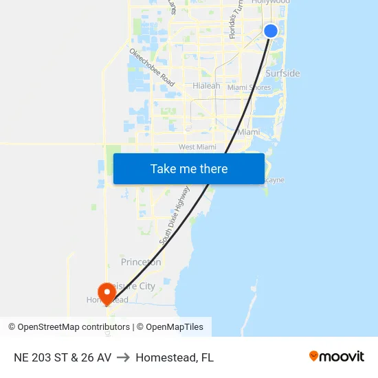 Ne 203 St & 26 Av to Homestead, FL map