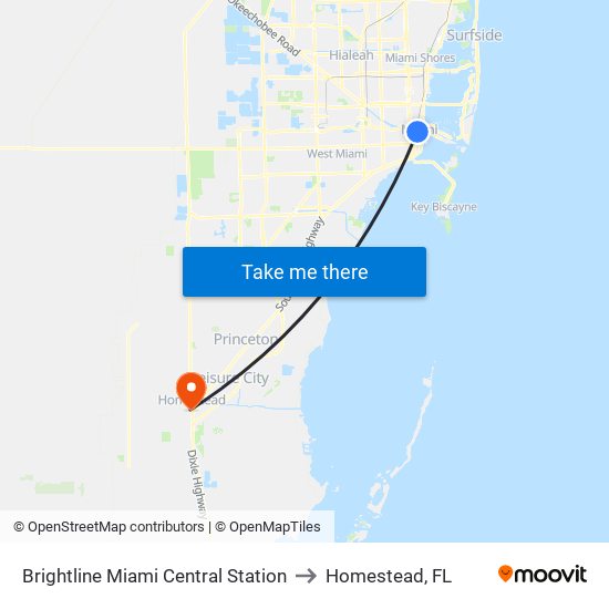 Brightline Miami Central Station to Homestead, FL map