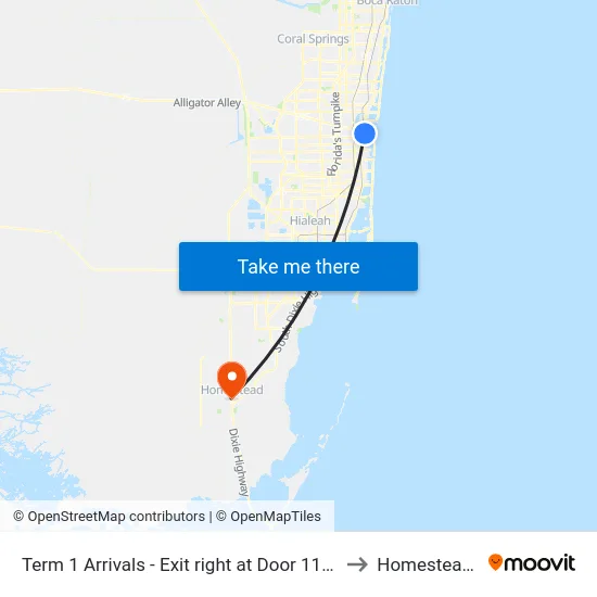 Term 1 Arrivals - Exit right at Door 114 - Zone B to Homestead, FL map