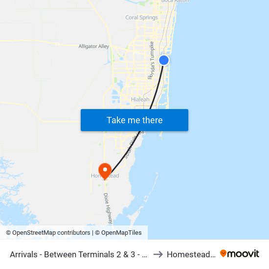 Arrivals - Between Terminals 2 & 3 - Zone F to Homestead, FL map