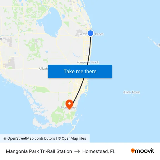 Mangonia Park Tri-Rail Station to Homestead, FL map