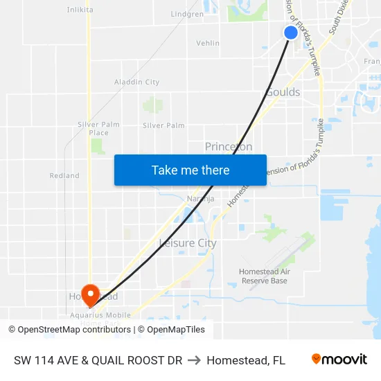 Sw 114 Ave & Quail Roost Dr to Homestead, FL map