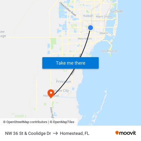 NW 36 St & Coolidge Dr to Homestead, FL map