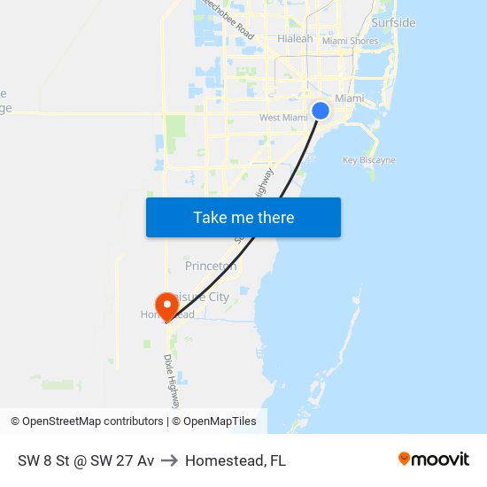 SW 8 St @ SW 27 Av to Homestead, FL map