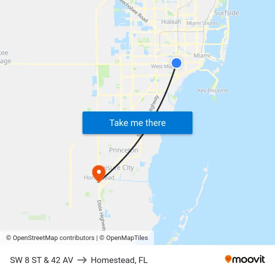 Sw 8 St & 42 Av to Homestead, FL map