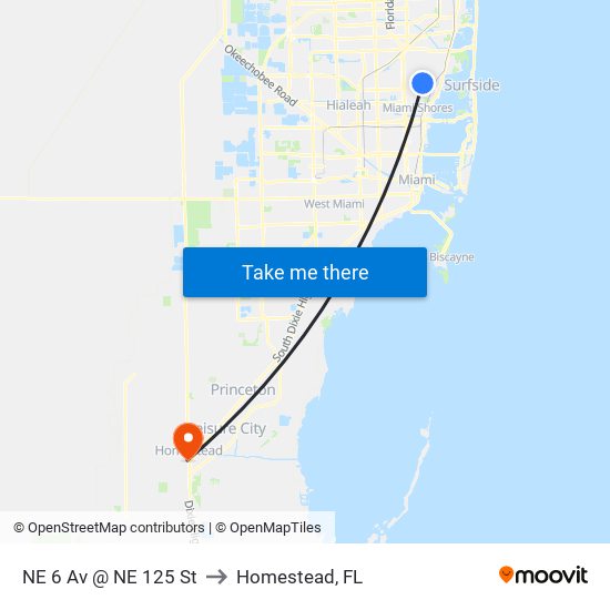 NE 6 Av @ NE 125 St to Homestead, FL map