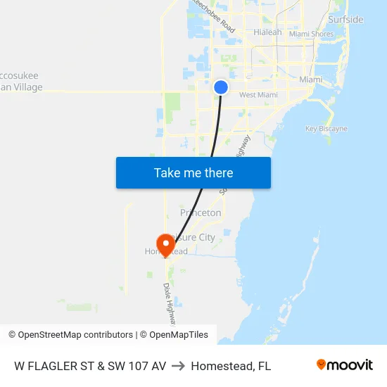 W Flagler St & Sw 107 Av to Homestead, FL map