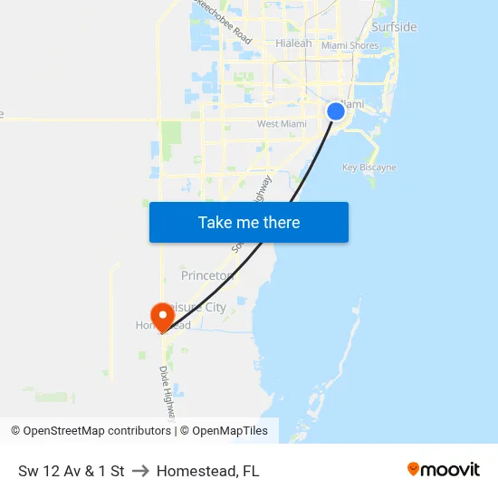 Sw 12 Av & 1 St to Homestead, FL map