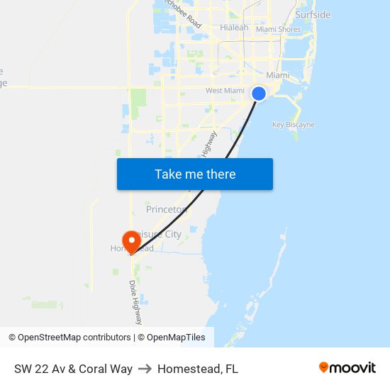 SW 22 Av & Coral Way to Homestead, FL map
