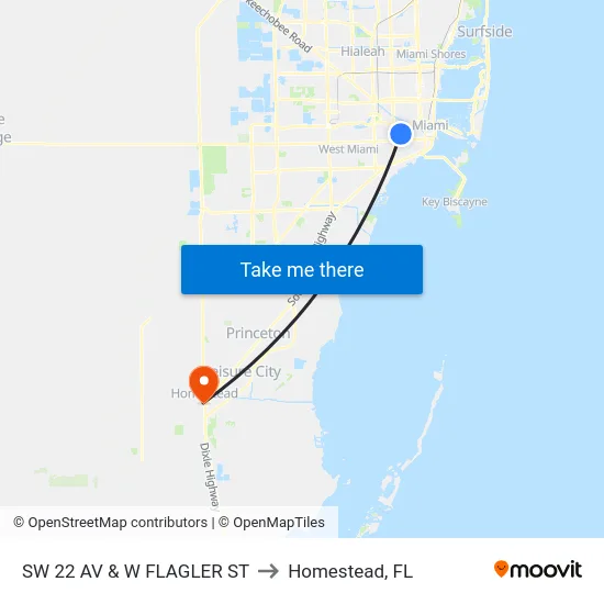 Sw 22 Av & W Flagler St to Homestead, FL map