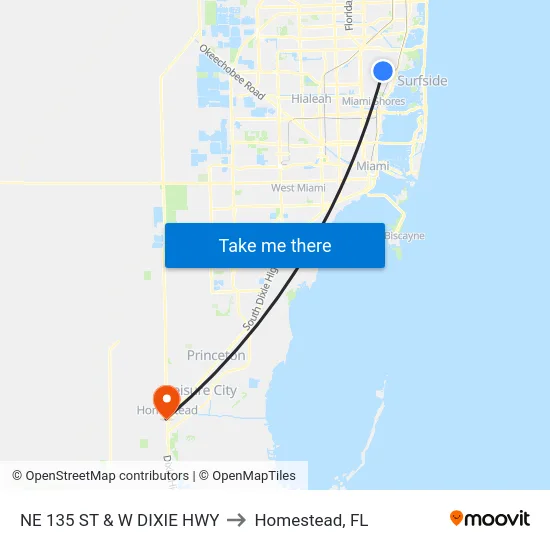 Ne 135 St & W Dixie Hwy to Homestead, FL map