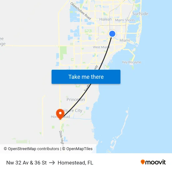 Nw 32 Av & 36 St to Homestead, FL map
