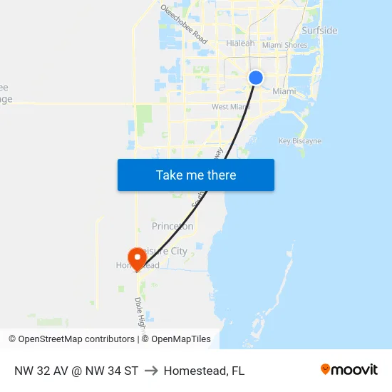 Nw 32 Av @ Nw 34 St to Homestead, FL map