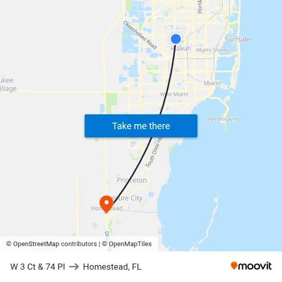 W 3 Ct & 74 Pl to Homestead, FL map