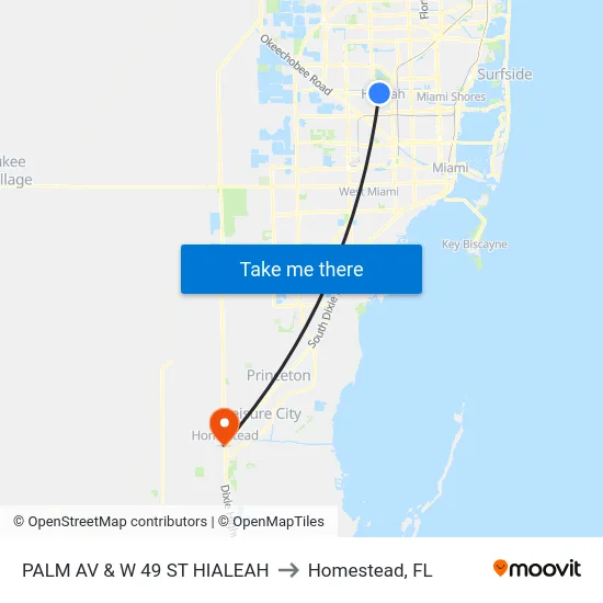 Palm Av & W 49 St Hialeah to Homestead, FL map