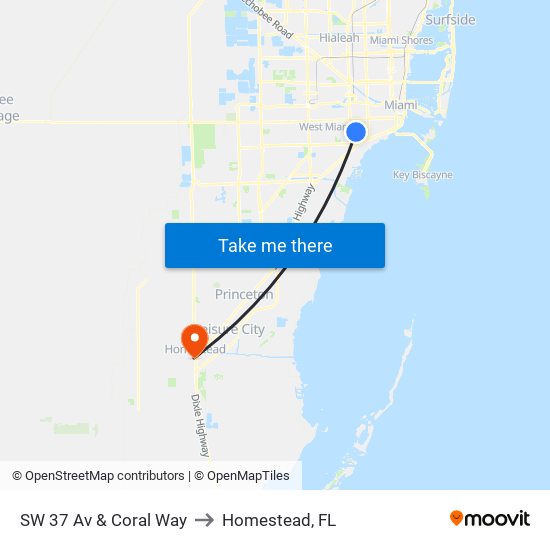 SW 37 Av & Coral Way to Homestead, FL map