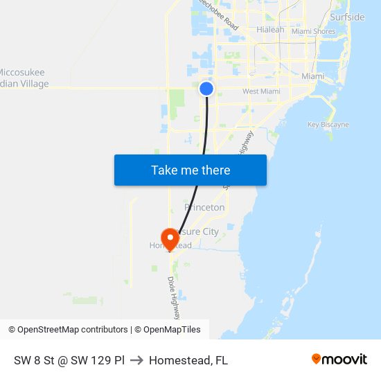 SW 8 St @ SW 129 Pl to Homestead, FL map