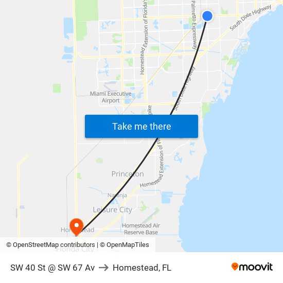 SW 40 St @ SW 67 Av to Homestead, FL map