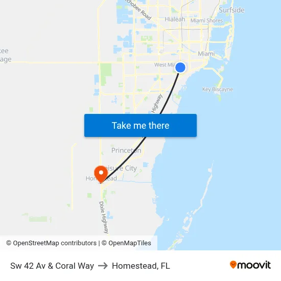 Sw 42 Av & Coral Way to Homestead, FL map