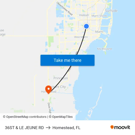 36st & Le Jeune Rd to Homestead, FL map
