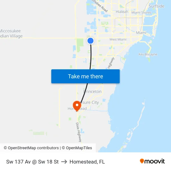 Sw 137 Av @ Sw 18 St to Homestead, FL map