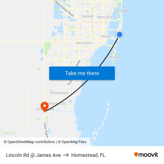 Lincoln Rd @ James Ave to Homestead, FL map