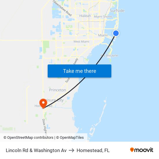 Lincoln Rd & Washington Av to Homestead, FL map